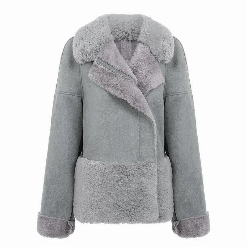 Glamaker Grey streetwear fur teddy jacket Women autumn patchwork chic winter coat china Suede leather womens fur coat teddy coat