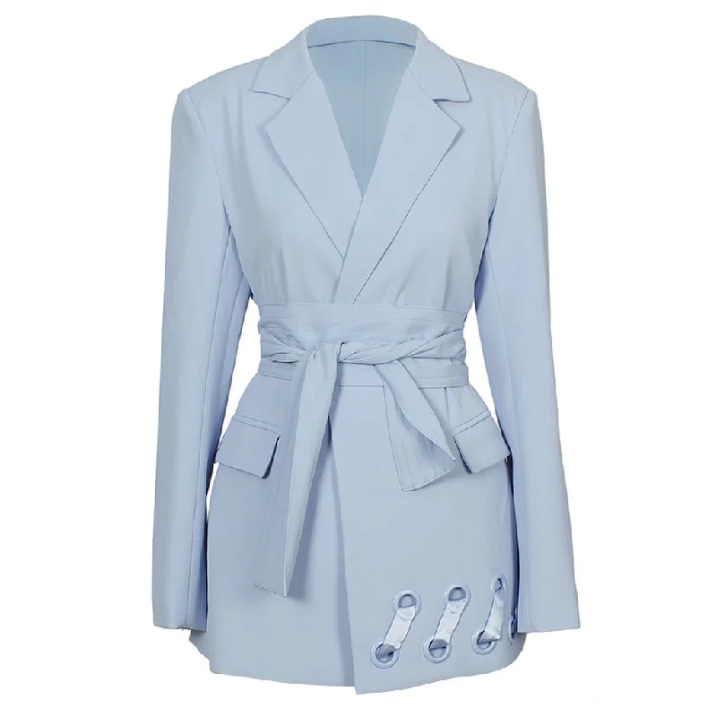 Trendy Eyelet Detail Belted Long Sleeve Lapel Collar Blazer - Blue