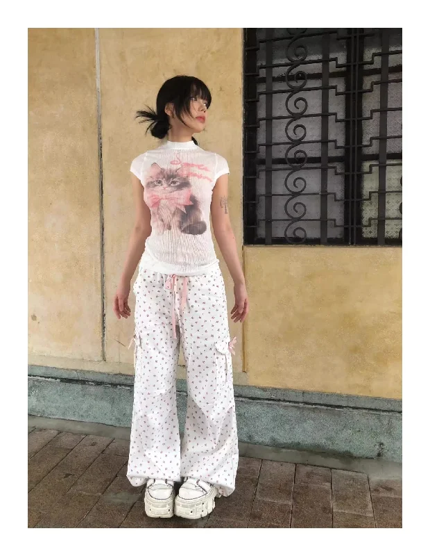 Annalice Cute Coquette White Ribbon Print Monogram Pants, Pink Ribbon Decor Oversized Parachute Pants