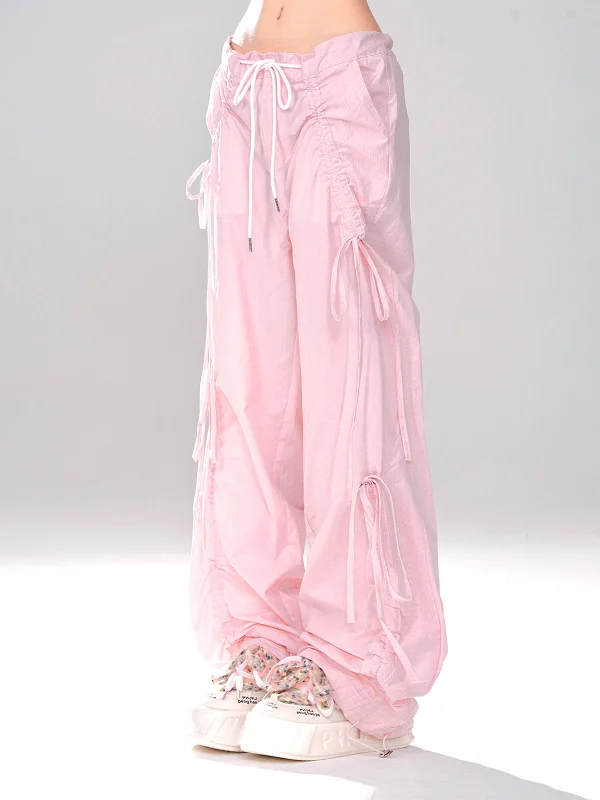 Asia Solid Color Pink Baggy Coquette Design Parachute Pants, Cute Blue Ribbon Drawstring Tie Straight Leg Oversized Pants