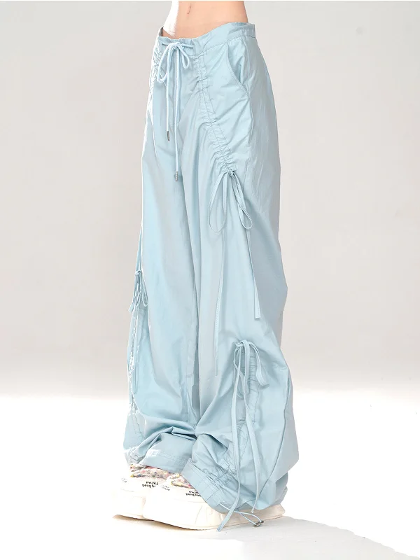 Asia Solid Color Pink Baggy Coquette Design Parachute Pants, Cute Blue Ribbon Drawstring Tie Straight Leg Oversized Pants