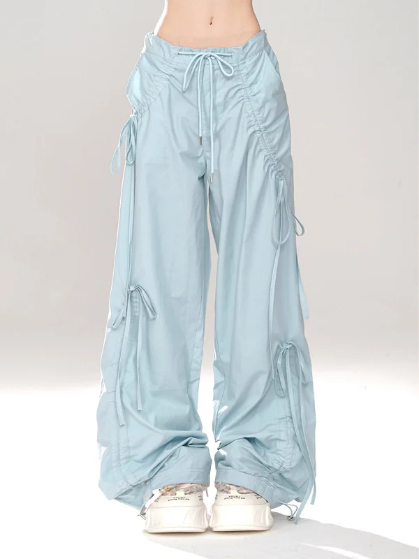 Asia Solid Color Pink Baggy Coquette Design Parachute Pants, Cute Blue Ribbon Drawstring Tie Straight Leg Oversized Pants