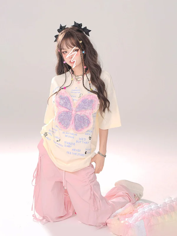 Asia Solid Color Pink Baggy Coquette Design Parachute Pants, Cute Blue Ribbon Drawstring Tie Straight Leg Oversized Pants