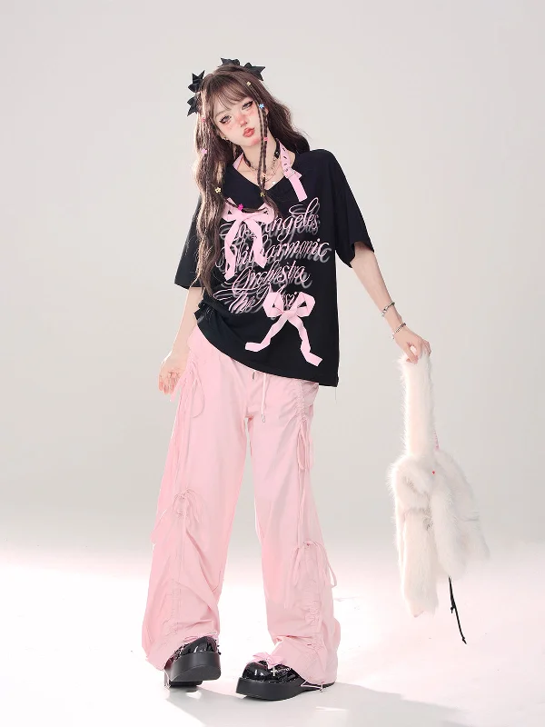 Asia Solid Color Pink Baggy Coquette Design Parachute Pants, Cute Blue Ribbon Drawstring Tie Straight Leg Oversized Pants