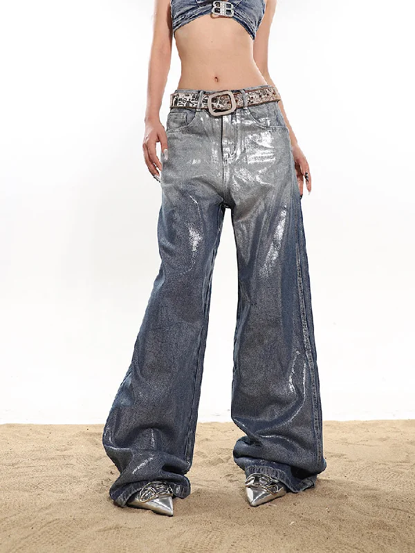 Britney Gradient Ombre Blue Reflective Glossy Shiny Silver Straight Leg Denim Jeans Pants