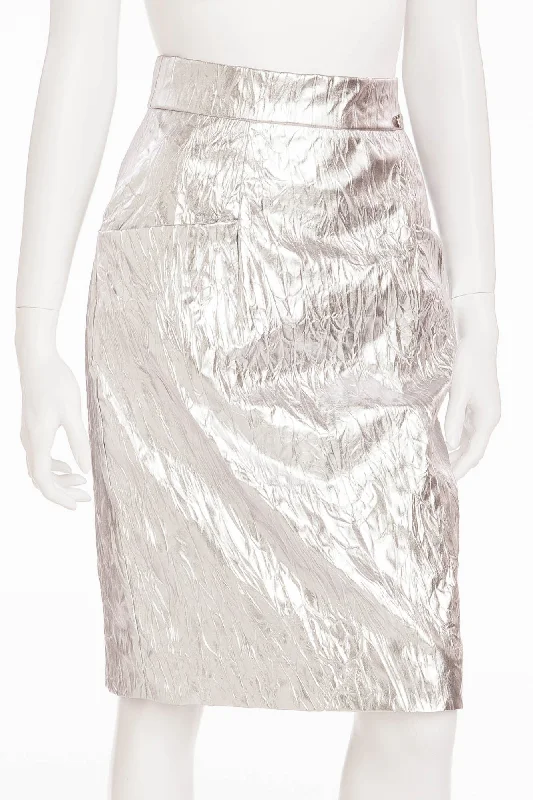 Chanel - New with Tags Leather Crinkled Silver Pencil Skirt - FR 40