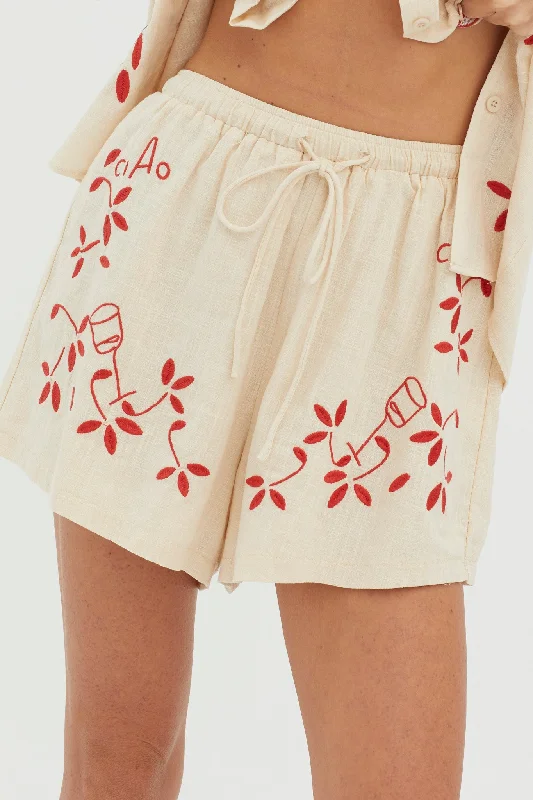 Ciao Ciao Embroidered Drawstring Shorts Oat