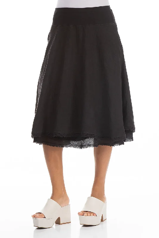 Flared Black Linen Midi Skirt