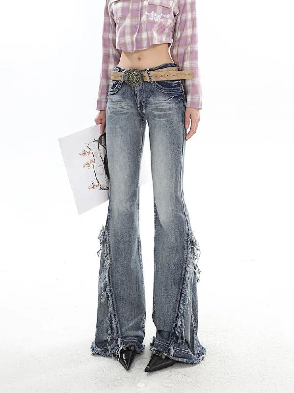 Jenna Washed Denim Vintage Low Rise Whisker Patchwork Flare Skinny Jeans Pants