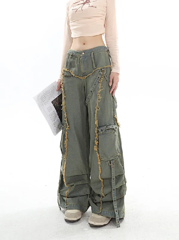 Lessi Denim Green Vintage Distressed Large Multi-Pockets Patchwork Pleated Straight Leg Cargo Jeans Pants