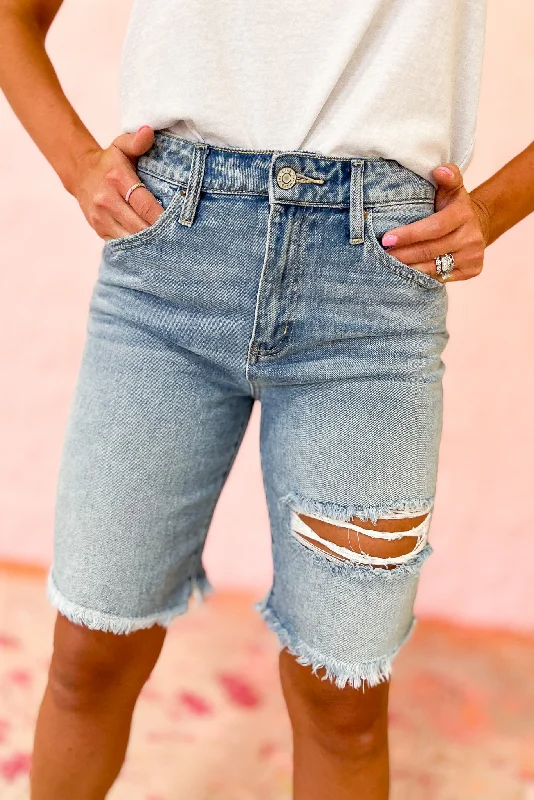 Medium Wash High Rise Distressed Denim Bermuda Shorts*FINAL SALE*