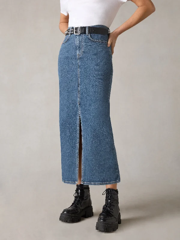 Petite Mid Wash Blue Denim Midaxi Skirt