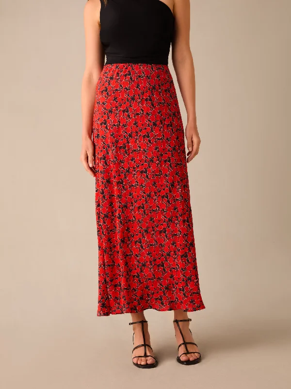 Petite Red Blurred Floral Print Bias Cut Maxi Skirt