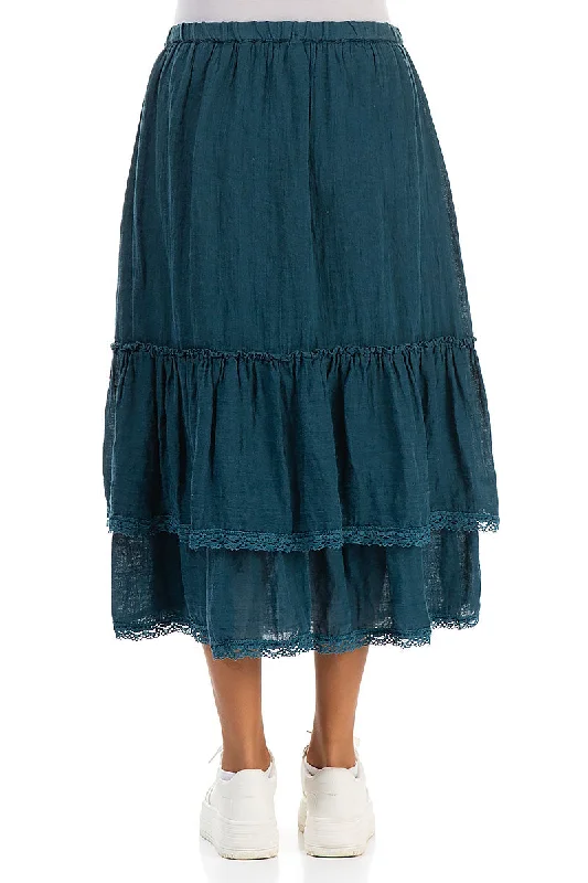 Ruffled Dark Teal Gauze Linen Skirt