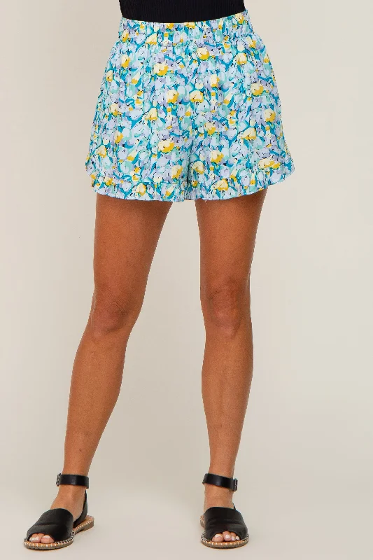 Teal Floral Ruffle Hem Shorts