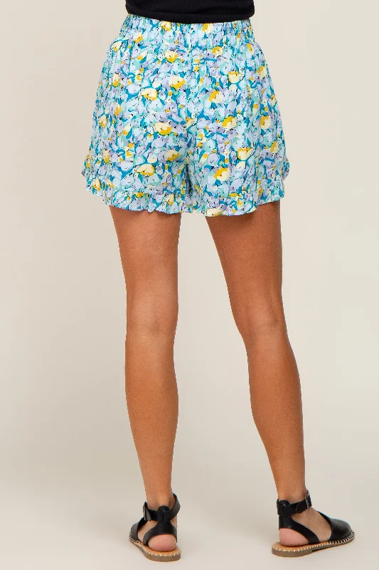 Teal Floral Ruffle Hem Shorts