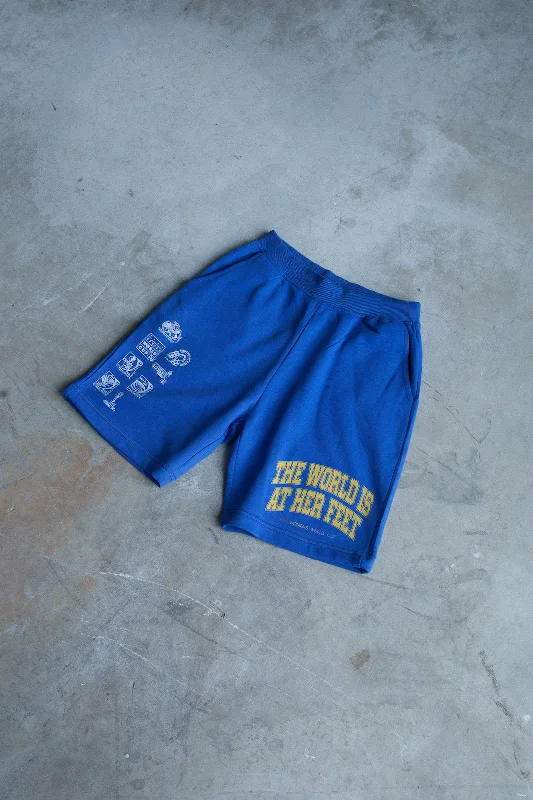 The World is at Her Feet Fleece Shorts - Royal