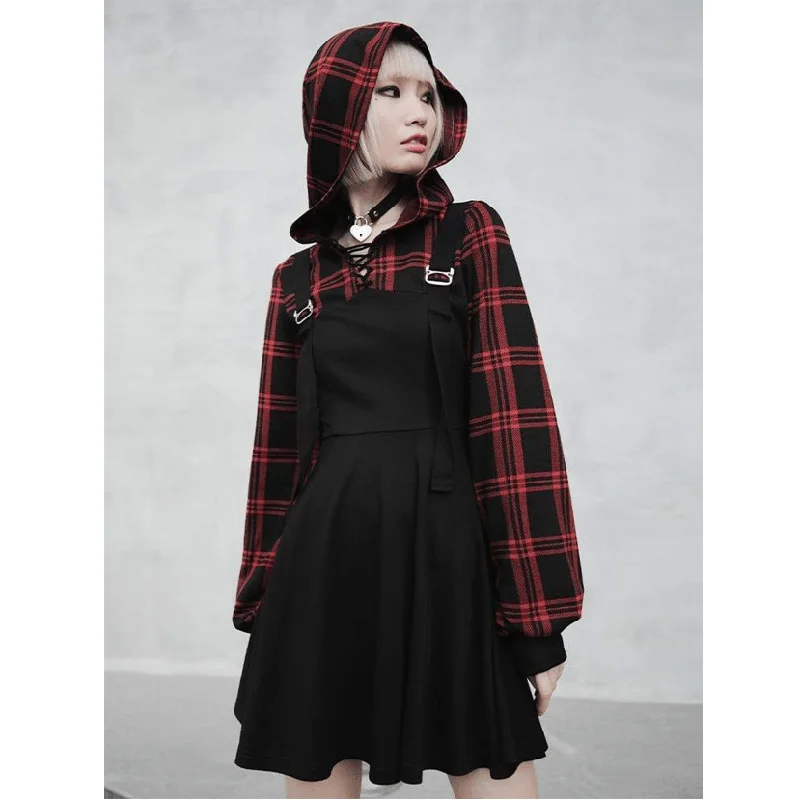 Women's Grunge False Two Pieces Hoodied Plaid Overall Dresses