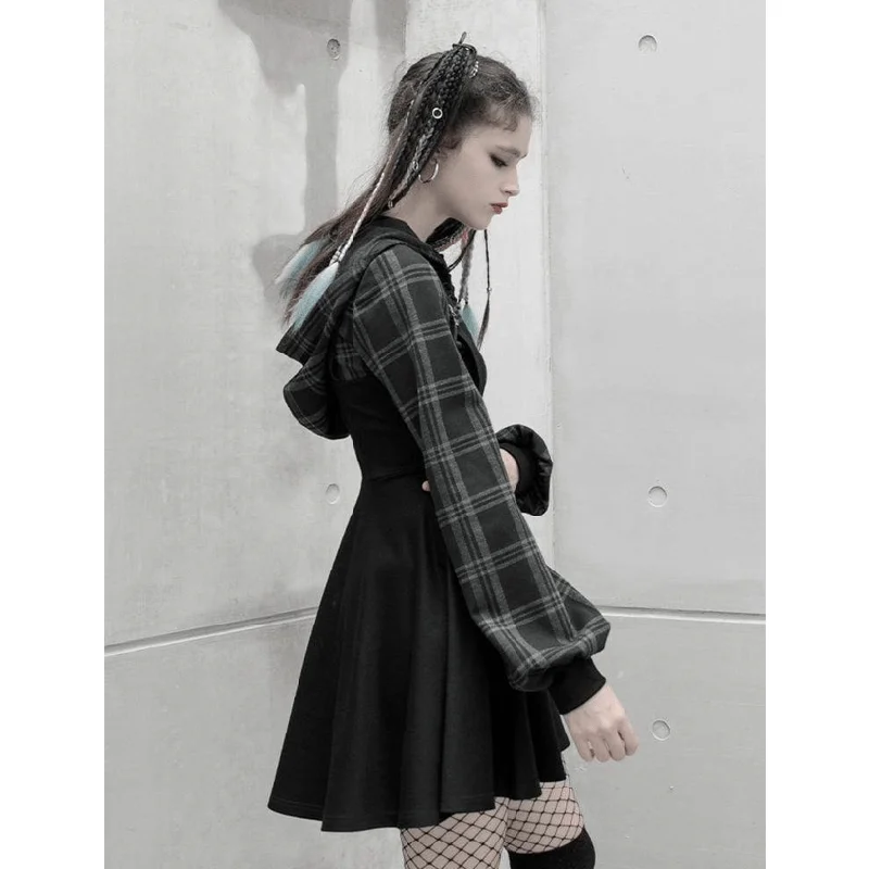 Women's Grunge False Two Pieces Hoodied Plaid Overall Dresses