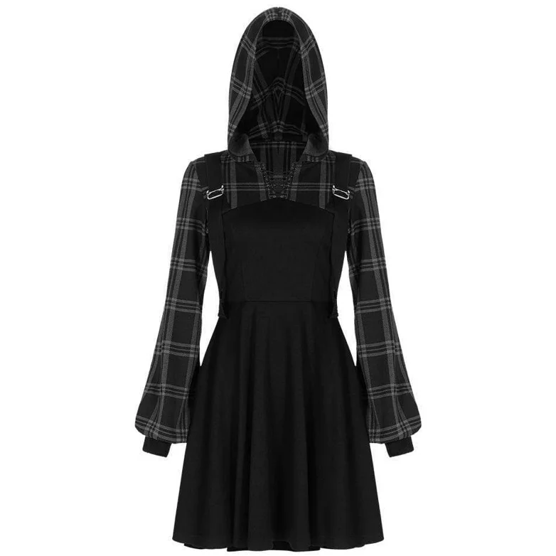 Women's Grunge False Two Pieces Hoodied Plaid Overall Dresses